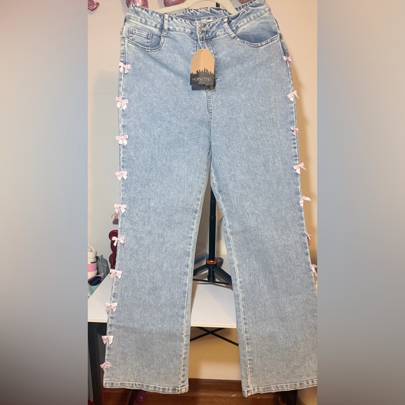 Denim - Light Blue Denim Jeans with Pink Bow Trim - Women